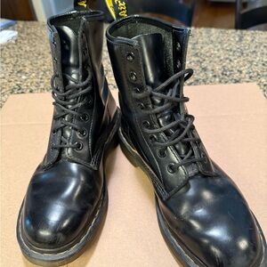 Dr. Martens Black Leather Lace-Up Unisex Boots with Yellow Heel Loop